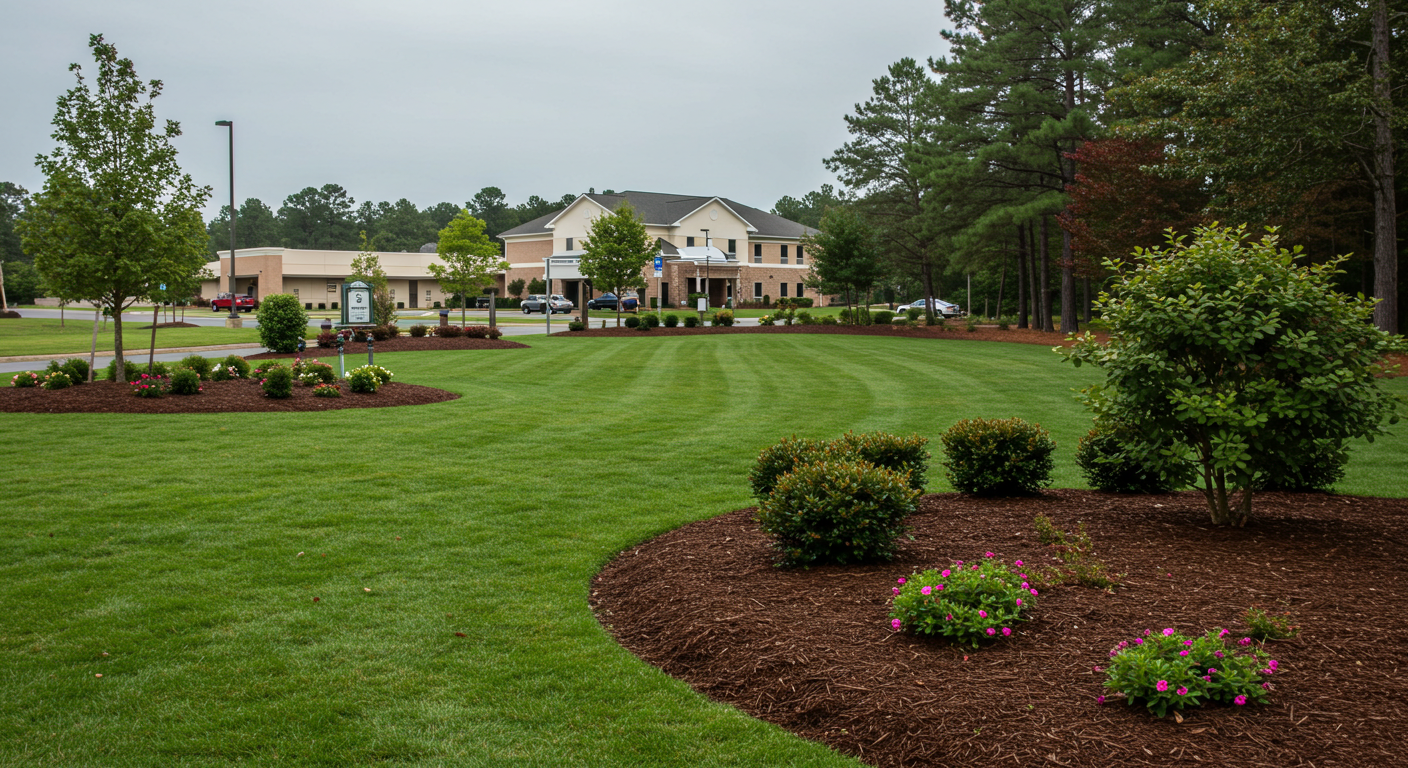 Professionally maintained commercial landscape with trimmed grass, flower beds, and an office building in the background, representing reliable landscape services in Georgia.